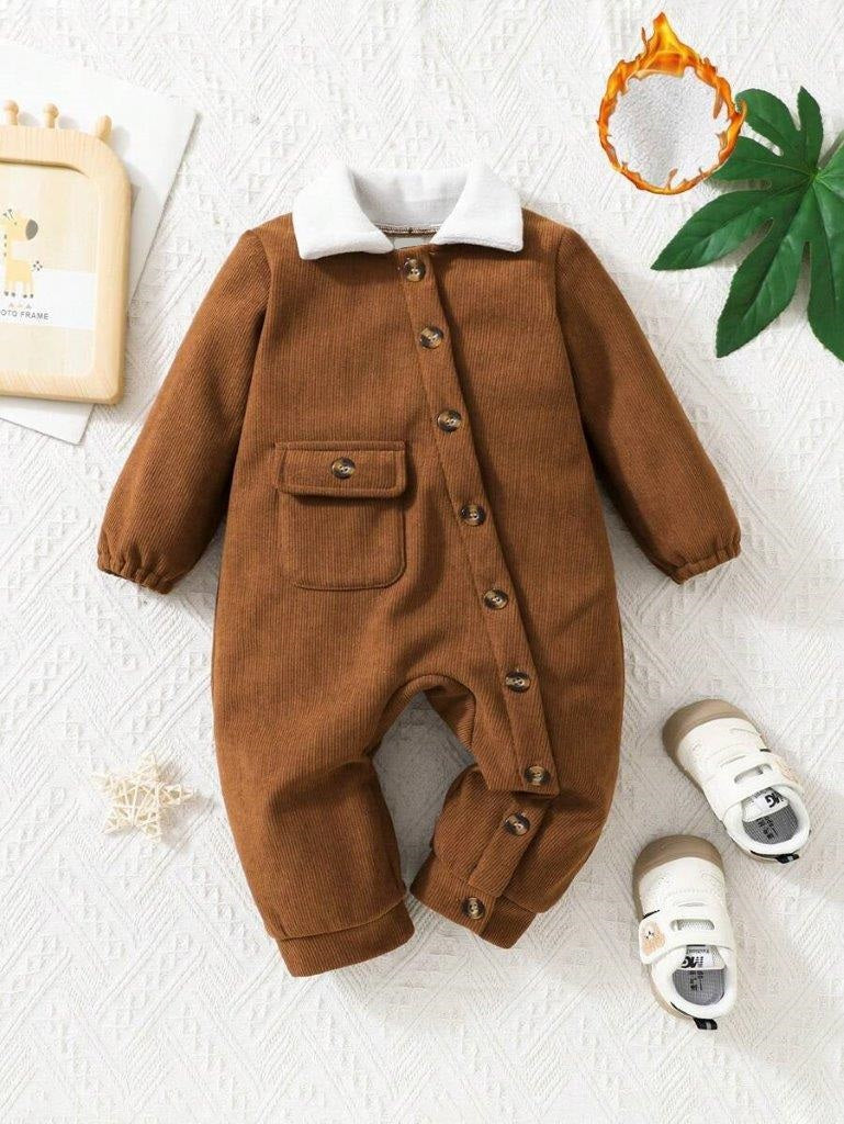 Baby Collar Flap Pocket Corduroy Jumpsuit