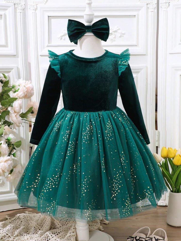 Toddler Girls Green Sparkle Velvet Dress With Headband