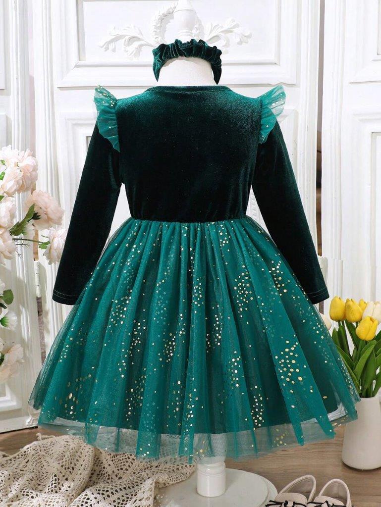 Toddler Girls Green Sparkle Velvet Dress With Headband