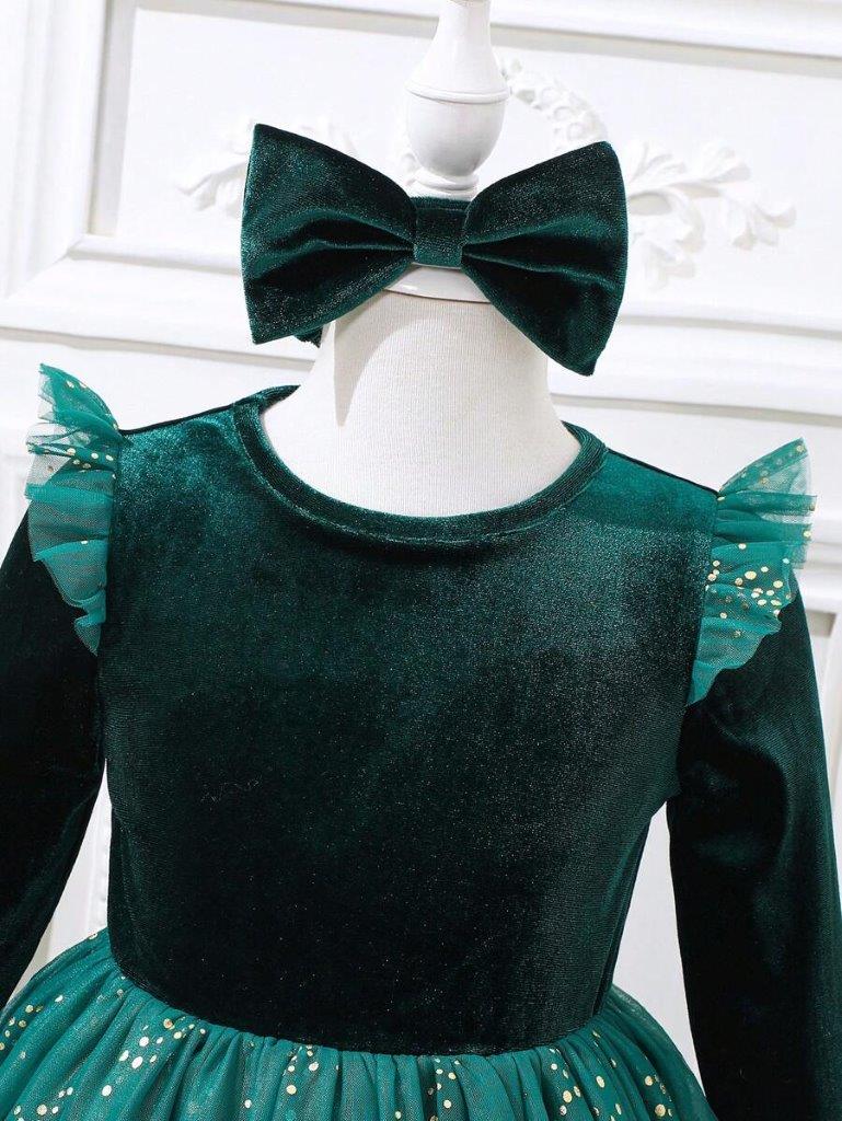 Toddler Girls Green Sparkle Velvet Dress With Headband
