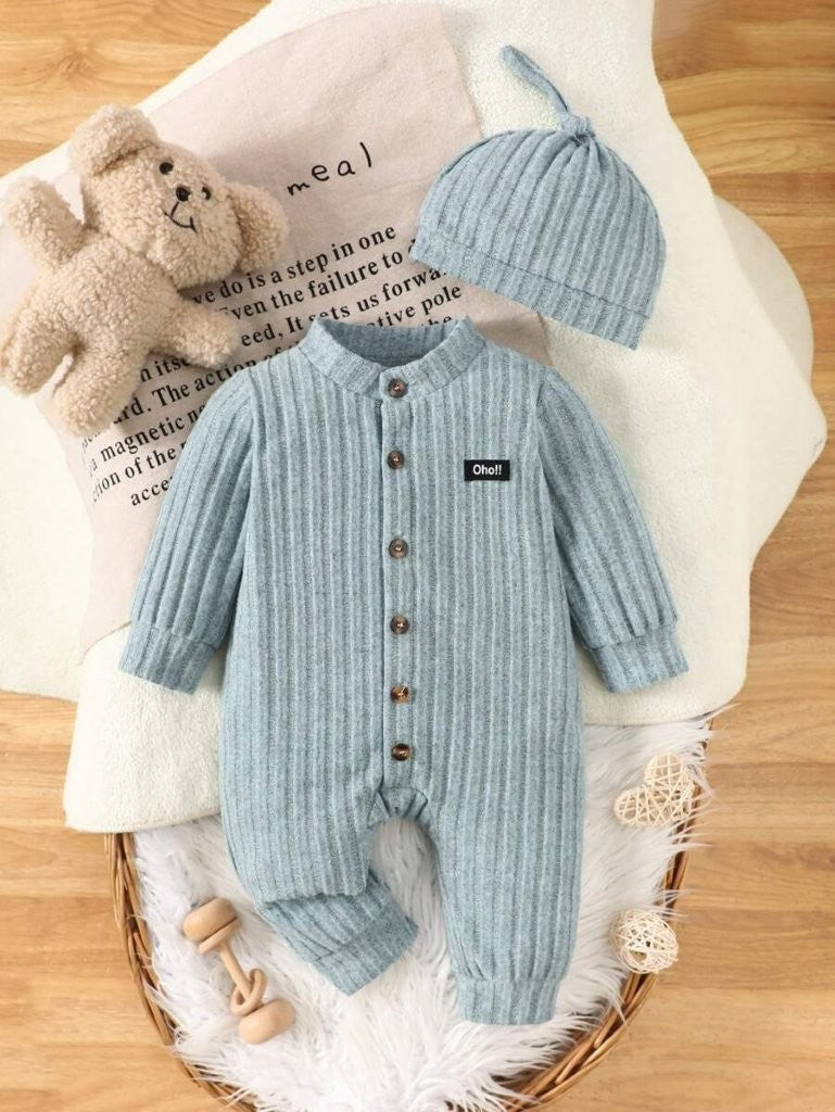 Baby Green Stripe Fleece Jumpsuit With Beanie