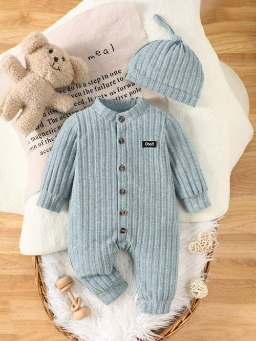Baby Green Stripe Fleece Jumpsuit With Beanie