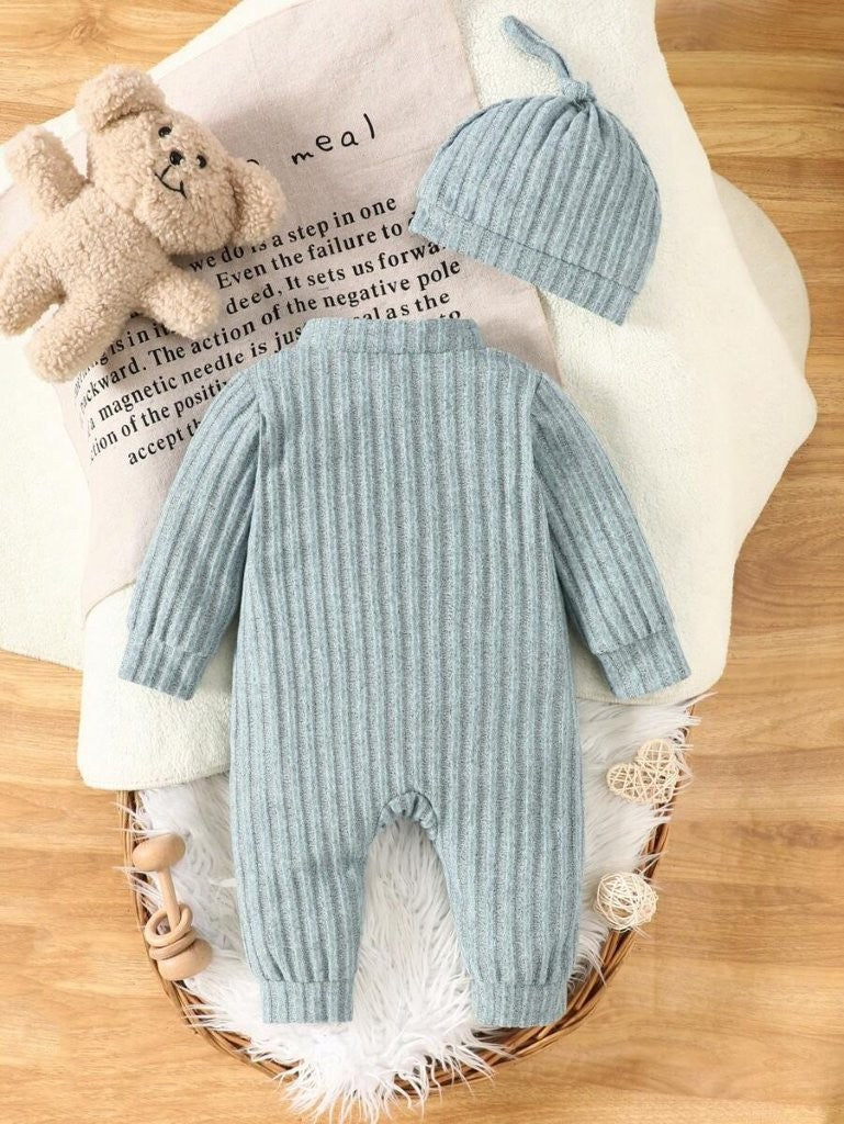 Baby Green Stripe Fleece Jumpsuit With Beanie