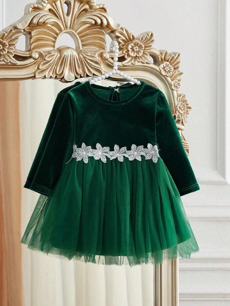 Baby White Flower Print Mesh Green Dress