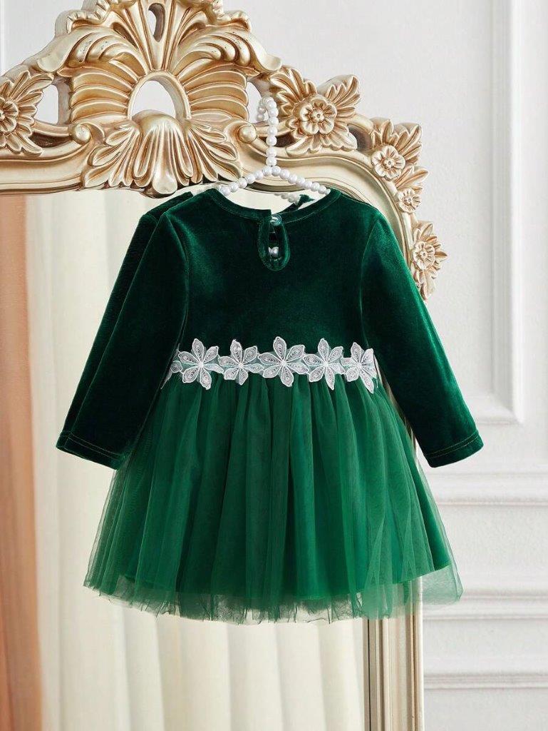 Baby White Flower Print Mesh Green Dress