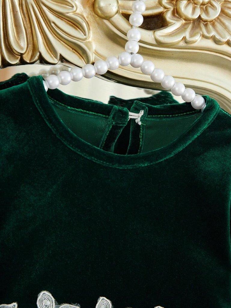 Baby White Flower Print Mesh Green Dress