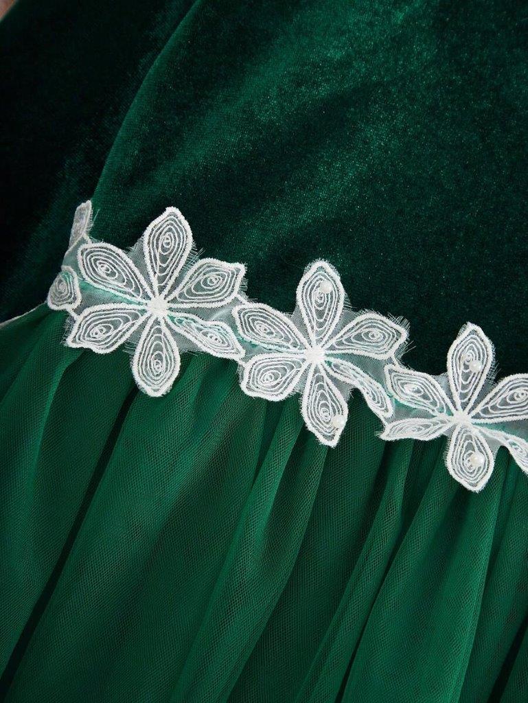 Baby White Flower Print Mesh Green Dress