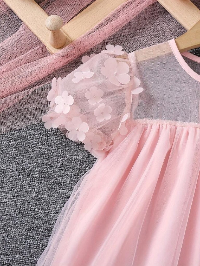 Toddler Girls Baby Pink 3D Flower Dress With Bag