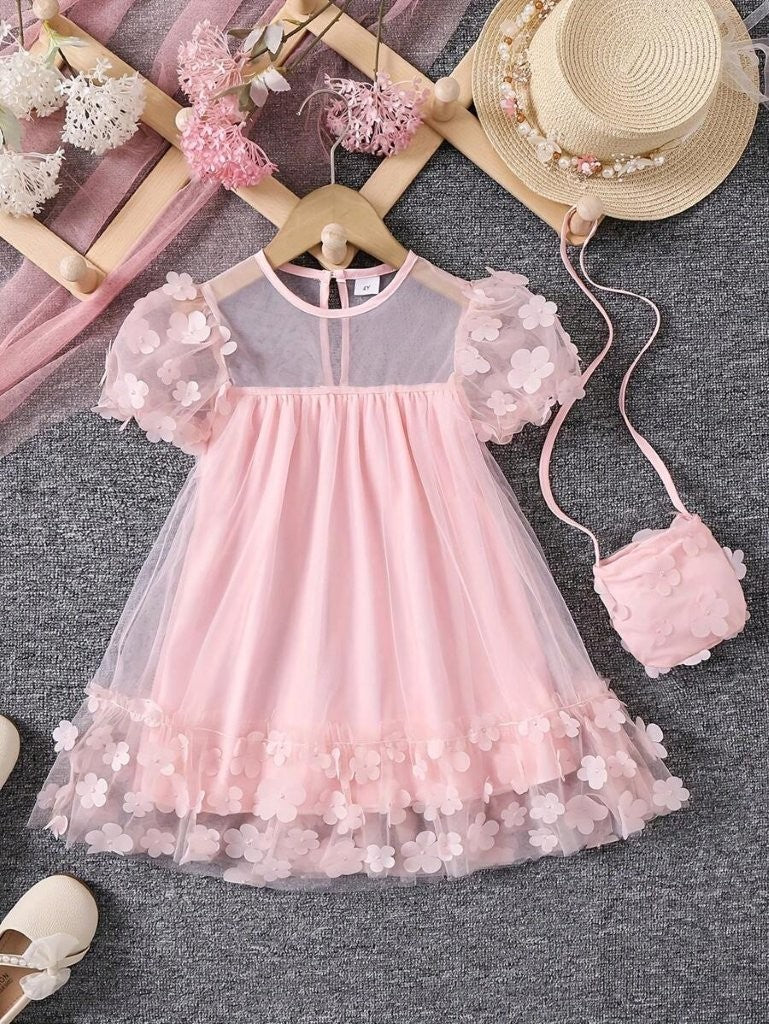 Toddler Girls Baby Pink 3D Flower Dress With Bag