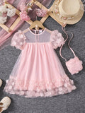 Toddler Girls Baby Pink 3D Flower Dress With Bag