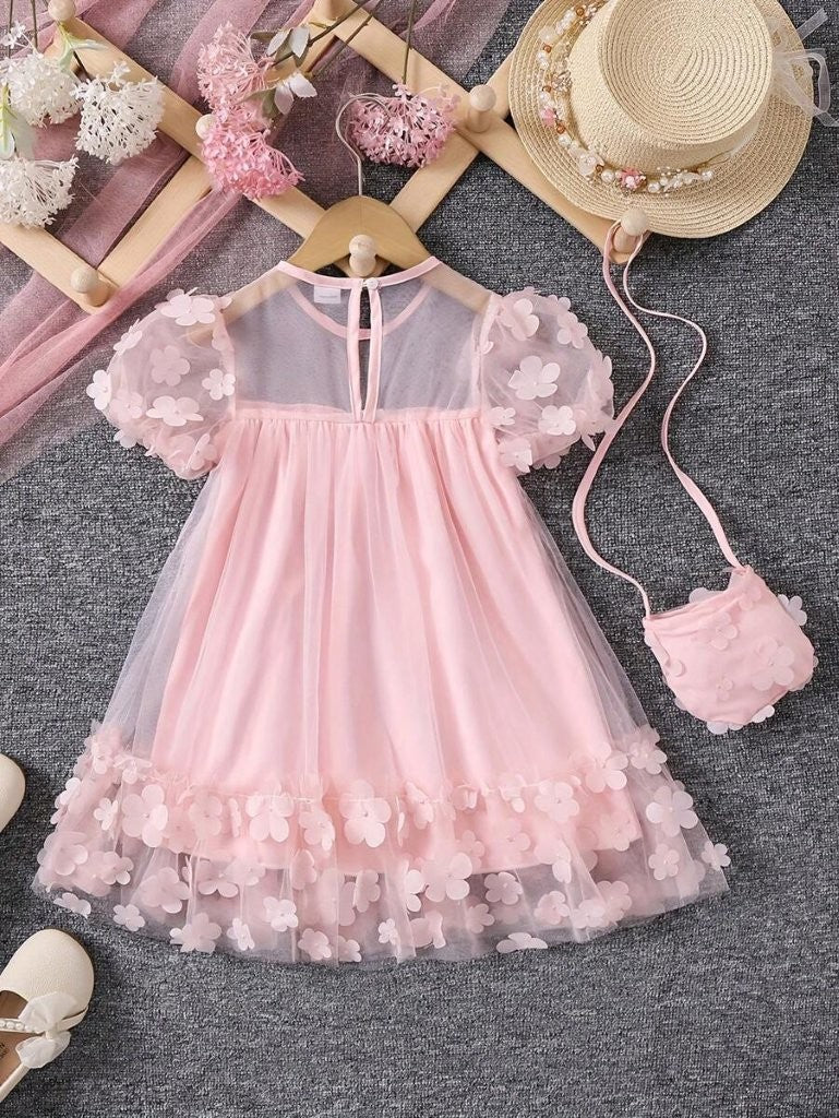Toddler Girls Baby Pink 3D Flower Dress With Bag