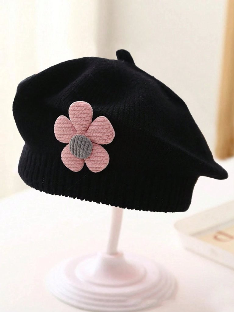 Baby Girls Flower Knitted Beret Choose A Colour