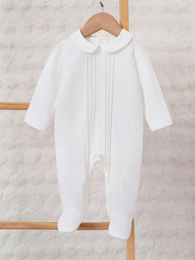 Baby White Solid Pleated Peter Pant Collar Romper