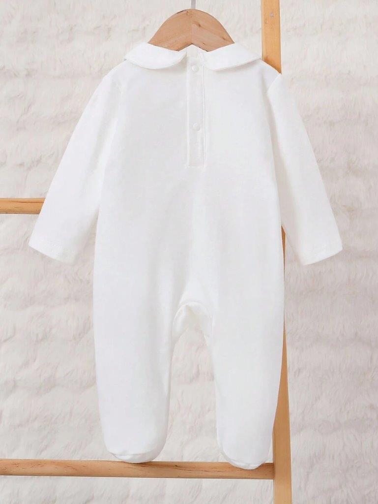 Baby White Solid Pleated Peter Pant Collar Romper