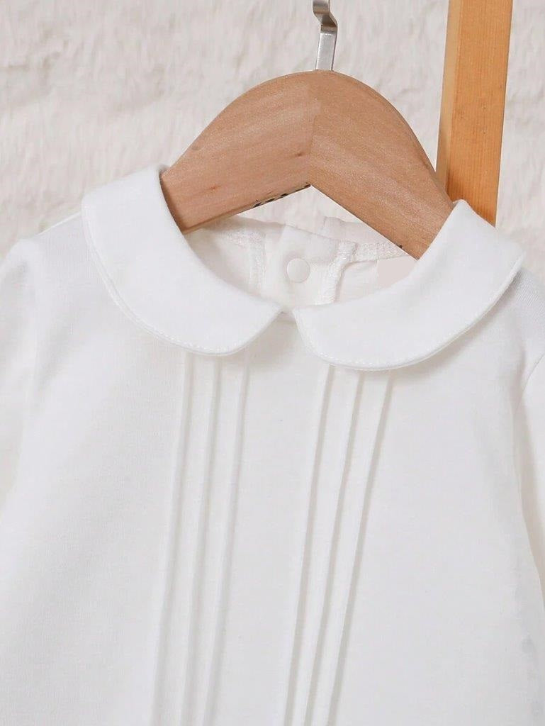 Baby White Solid Pleated Peter Pant Collar Romper