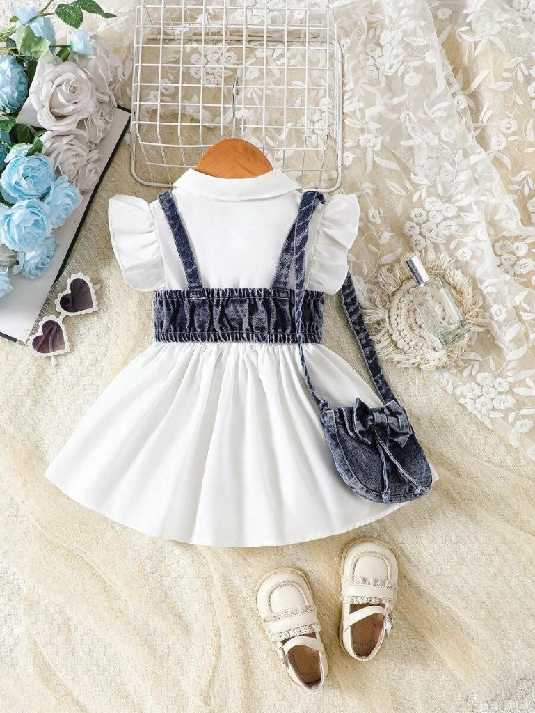 Baby White Button Dress With Denim Top ( Excl Bag)