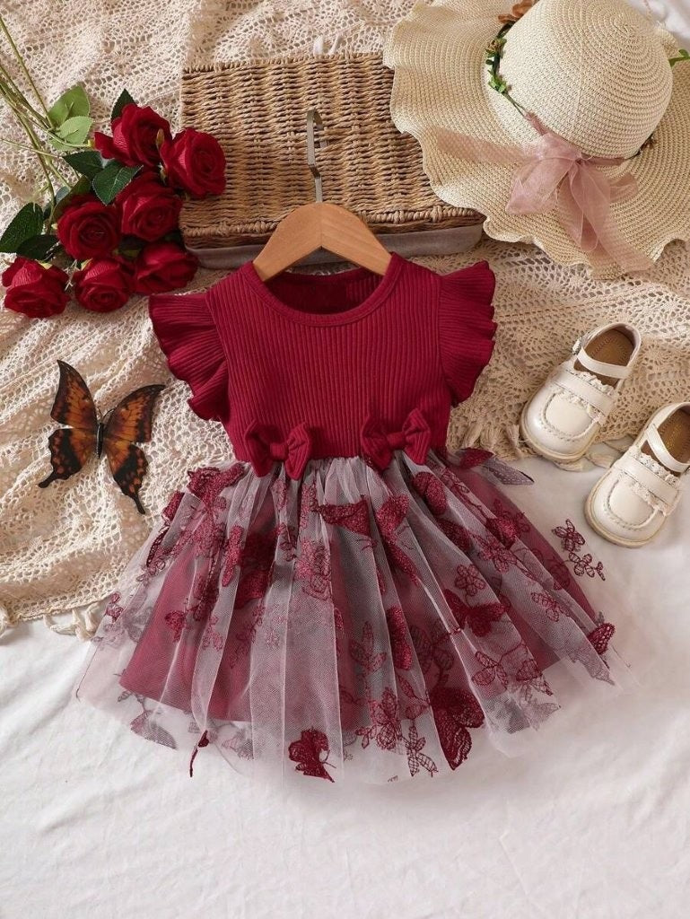 Baby Burgundy Butterfly Mesh Dress