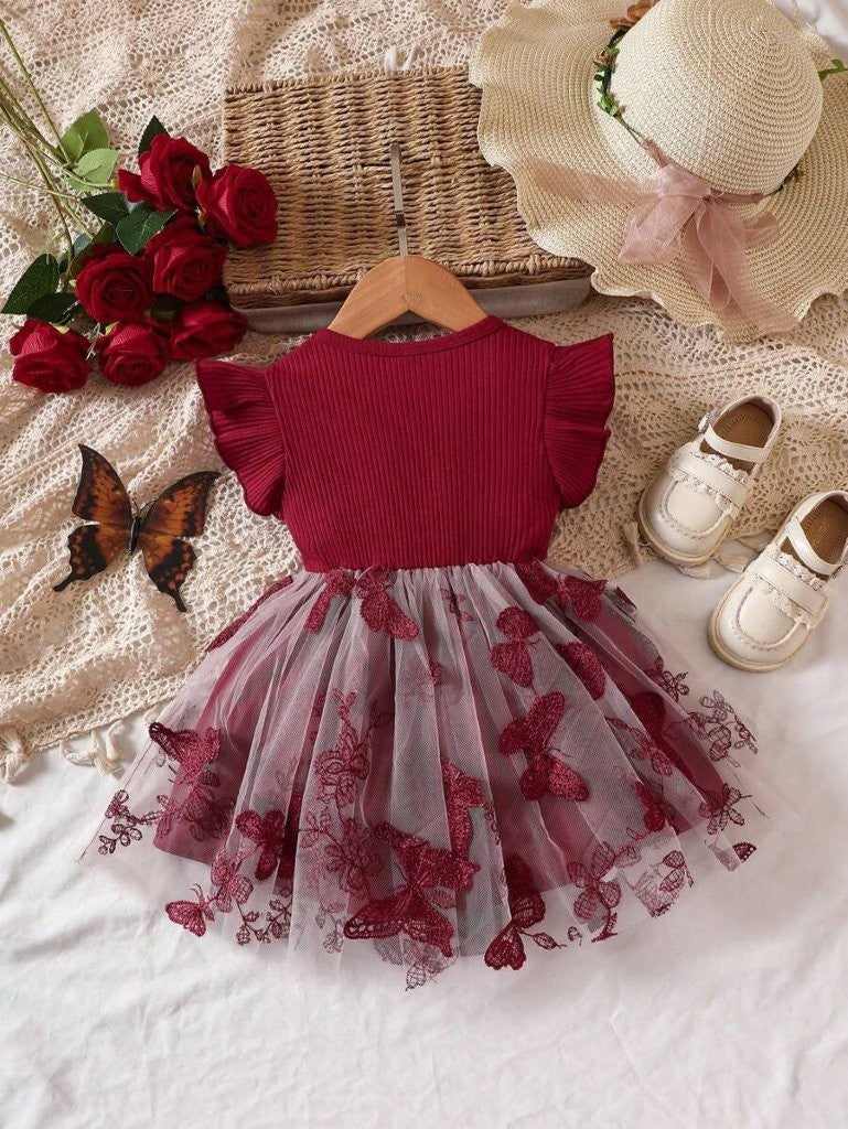 Baby Burgundy Butterfly Mesh Dress