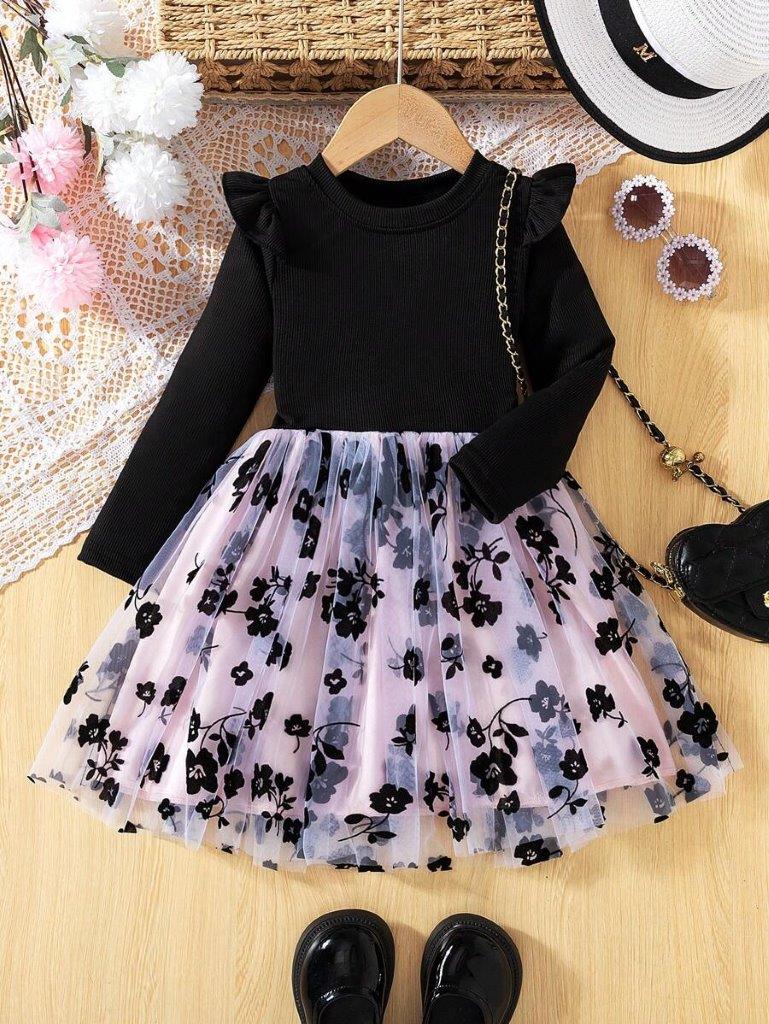 Toddler Girls Black Flower Ruffle Sleeve Dress