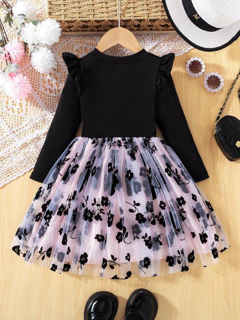 Toddler Girls Black Flower Ruffle Sleeve Dress