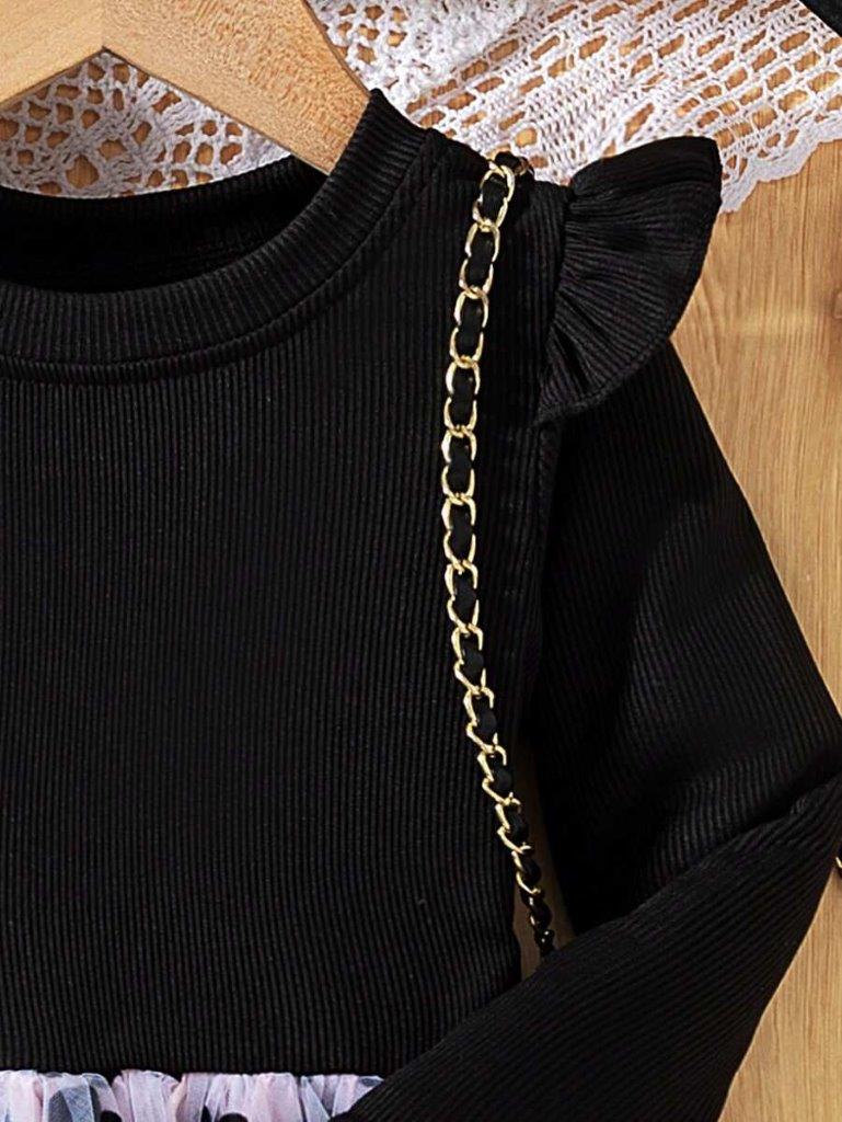 Toddler Girls Black Flower Ruffle Sleeve Dress