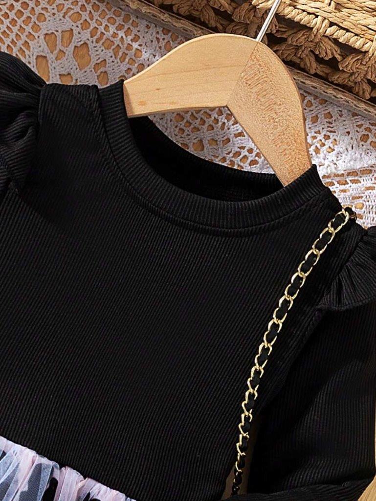 Toddler Girls Black Flower Ruffle Sleeve Dress