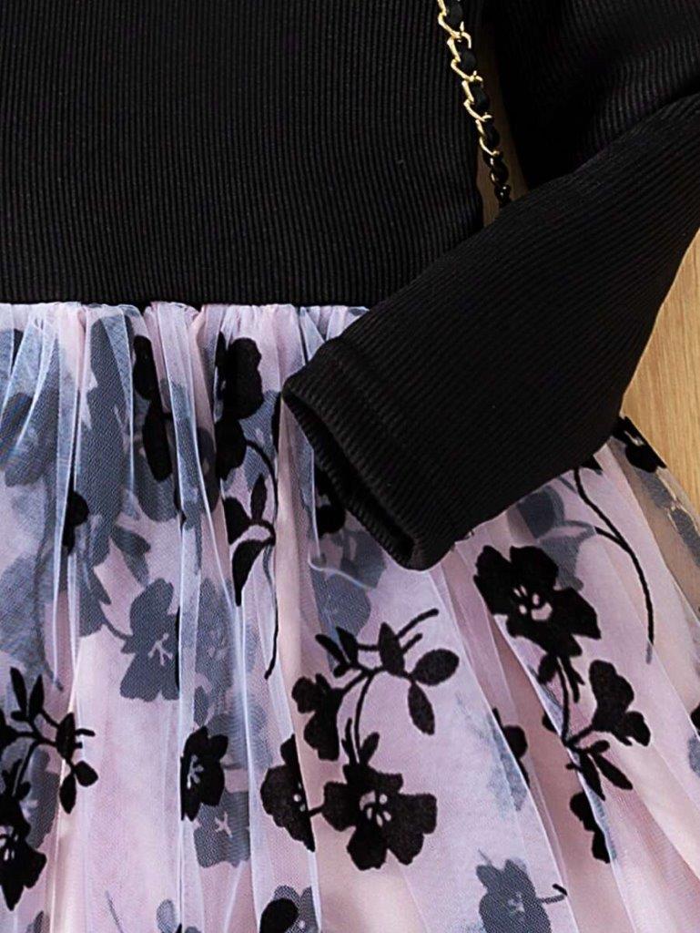 Toddler Girls Black Flower Ruffle Sleeve Dress