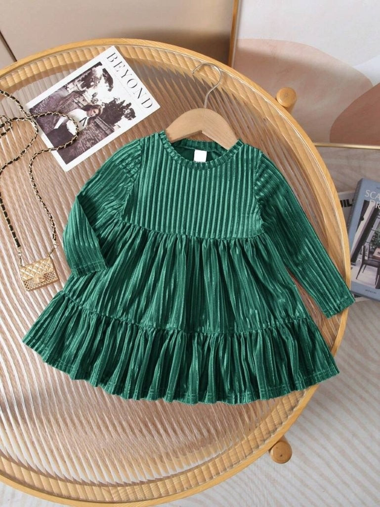 Baby Velvet Stripe Pattern Dress Green