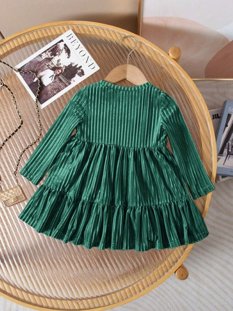 Baby Velvet Stripe Pattern Dress Green