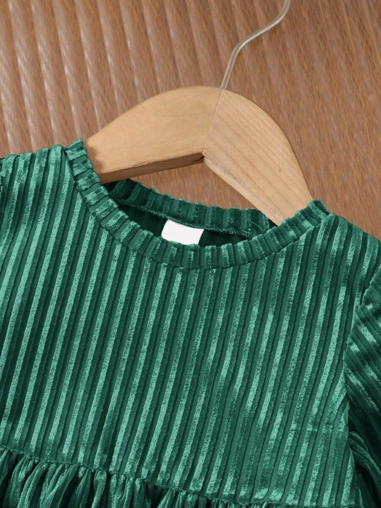 Baby Velvet Stripe Pattern Dress Green