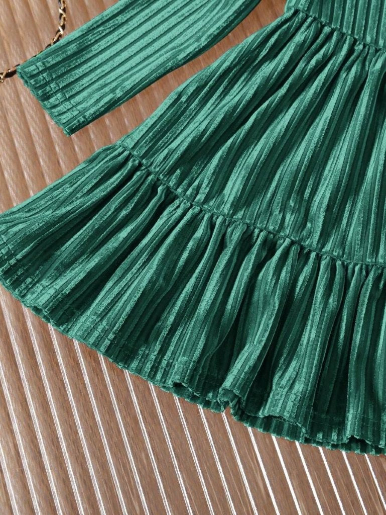 Baby Velvet Stripe Pattern Dress Green
