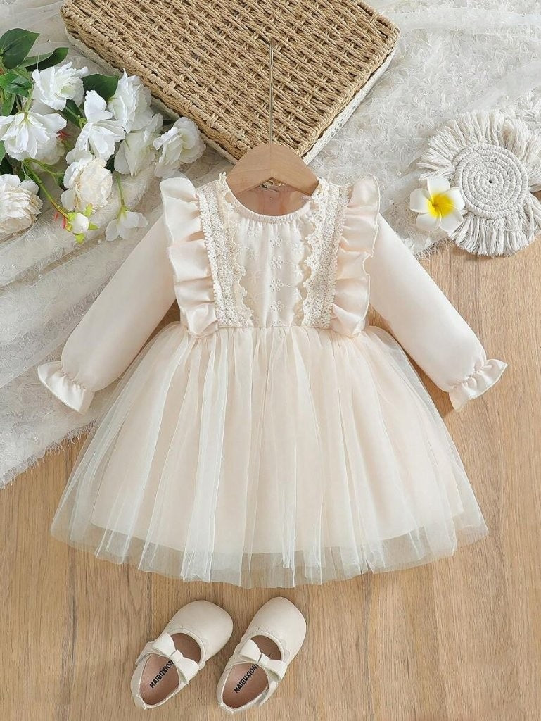 Baby Lace Pattern Ruffle Sleeve Dress Apricot