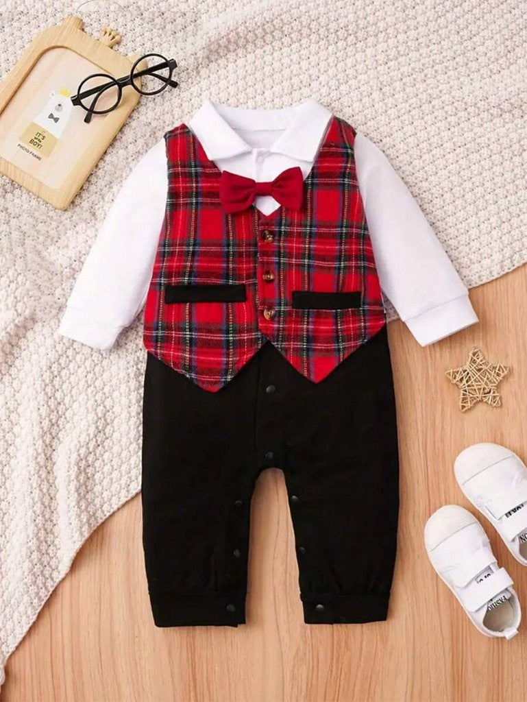 Baby Red Plaid Bow Tie Christmas Jumpsuit