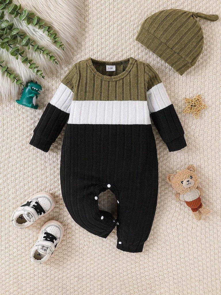 Baby Colour Block Crew Neck Jumpsuit With Hat