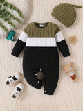 Baby Colour Block Crew Neck Jumpsuit With Hat