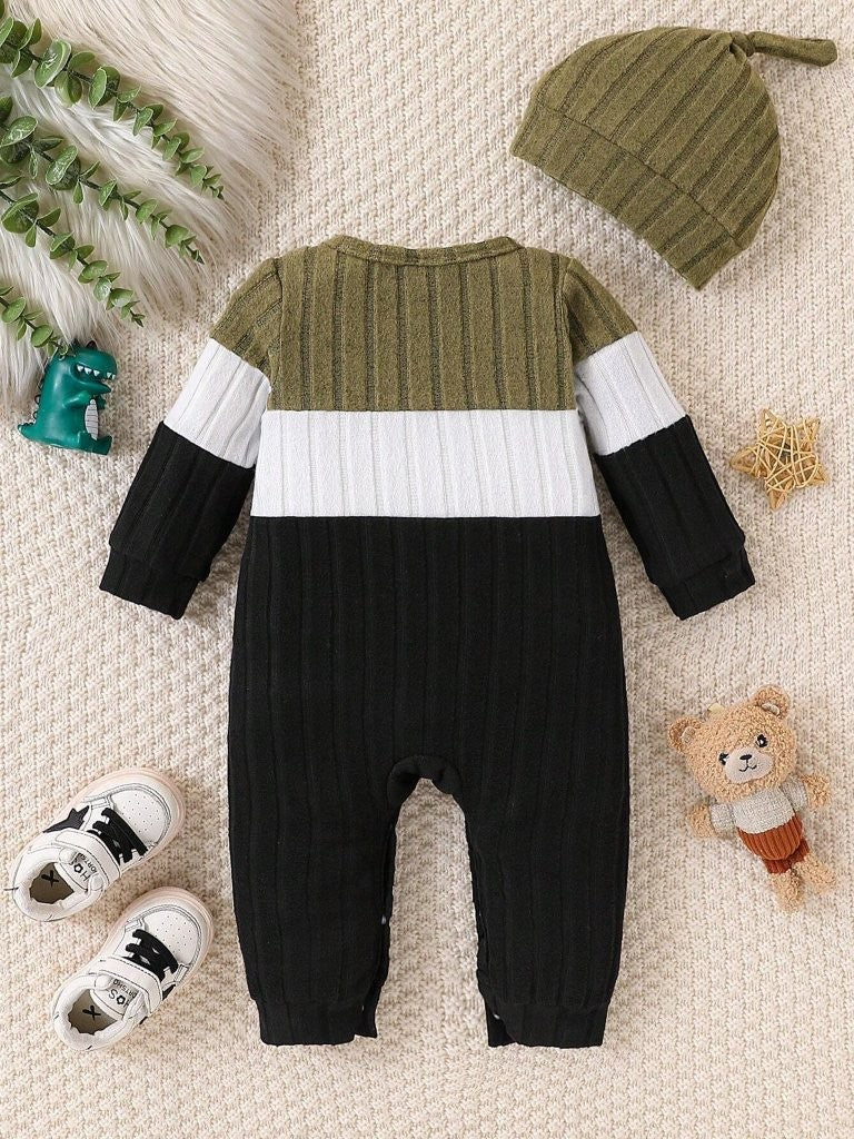 Baby Colour Block Crew Neck Jumpsuit With Hat