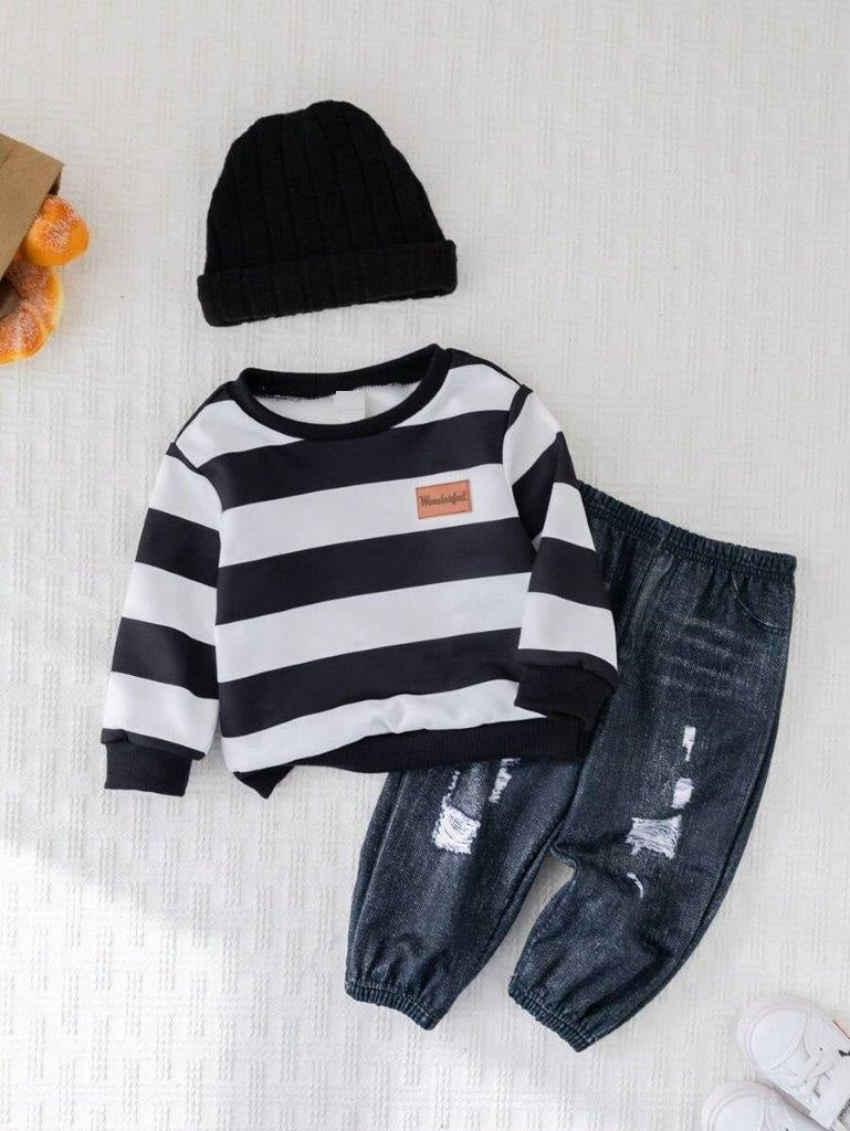 Baby Stripe Pullover And Jogger Pants With Beanie Set