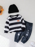 Baby Stripe Pullover And Jogger Pants With Beanie Set