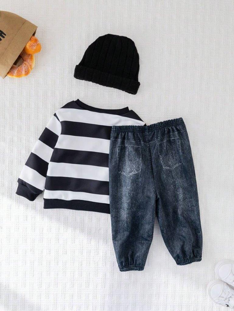 Baby Stripe Pullover And Jogger Pants With Beanie Set
