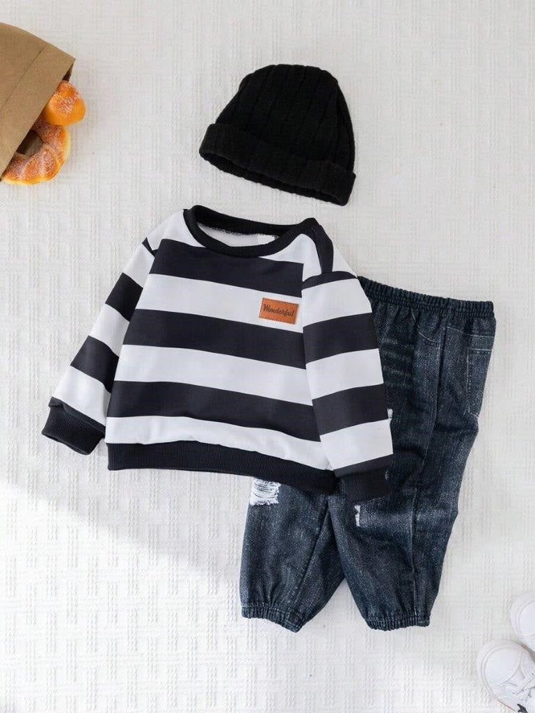 Baby Stripe Pullover And Jogger Pants With Beanie Set
