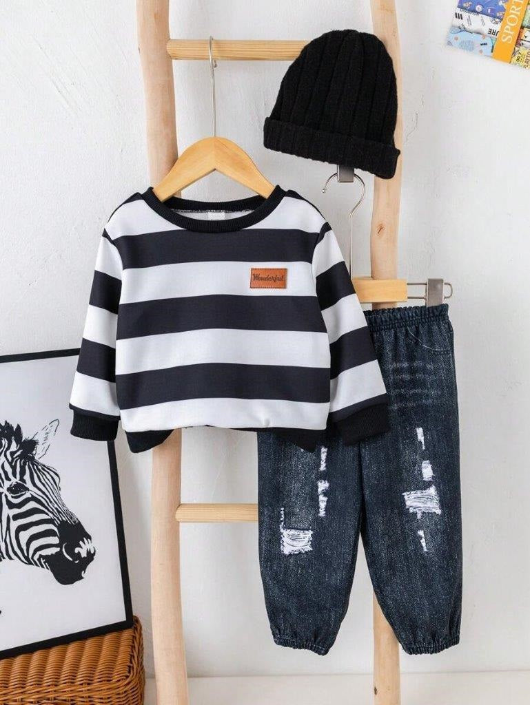 Baby Stripe Pullover And Jogger Pants With Beanie Set