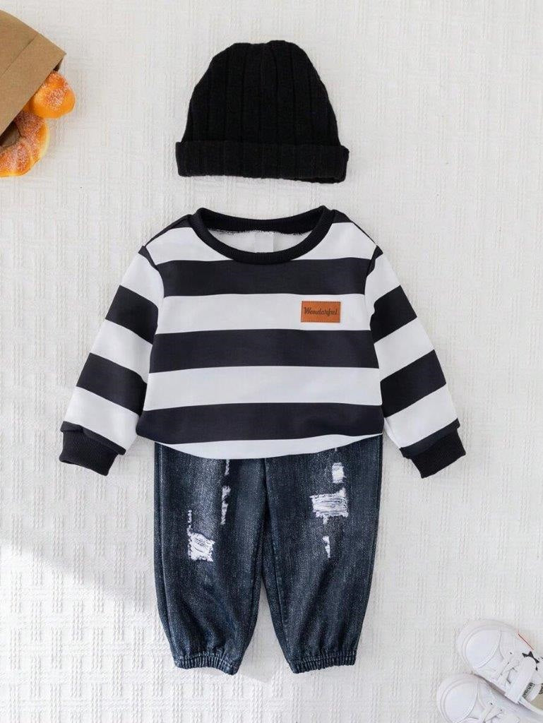 Baby Stripe Pullover And Jogger Pants With Beanie Set
