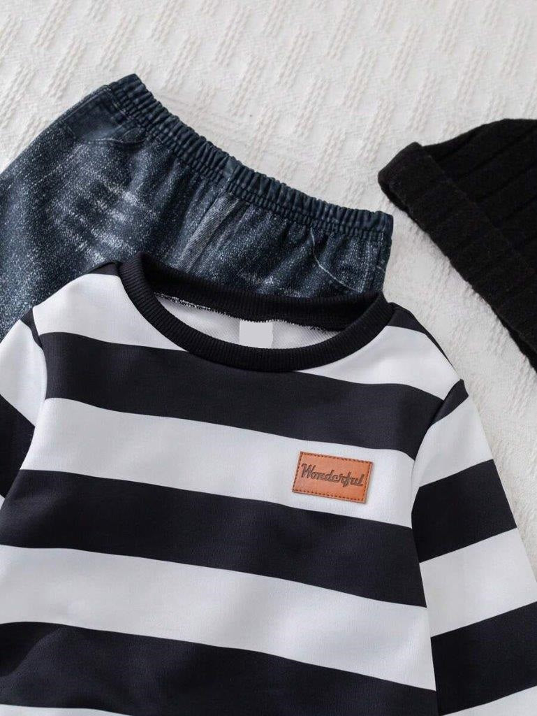 Baby Stripe Pullover And Jogger Pants With Beanie Set