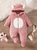 Baby Pink And White Fuzzy 3D Hooded Jumpsuit