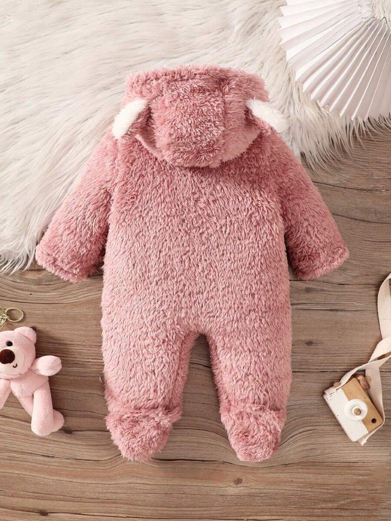 Baby Pink And White Fuzzy 3D Hooded Jumpsuit