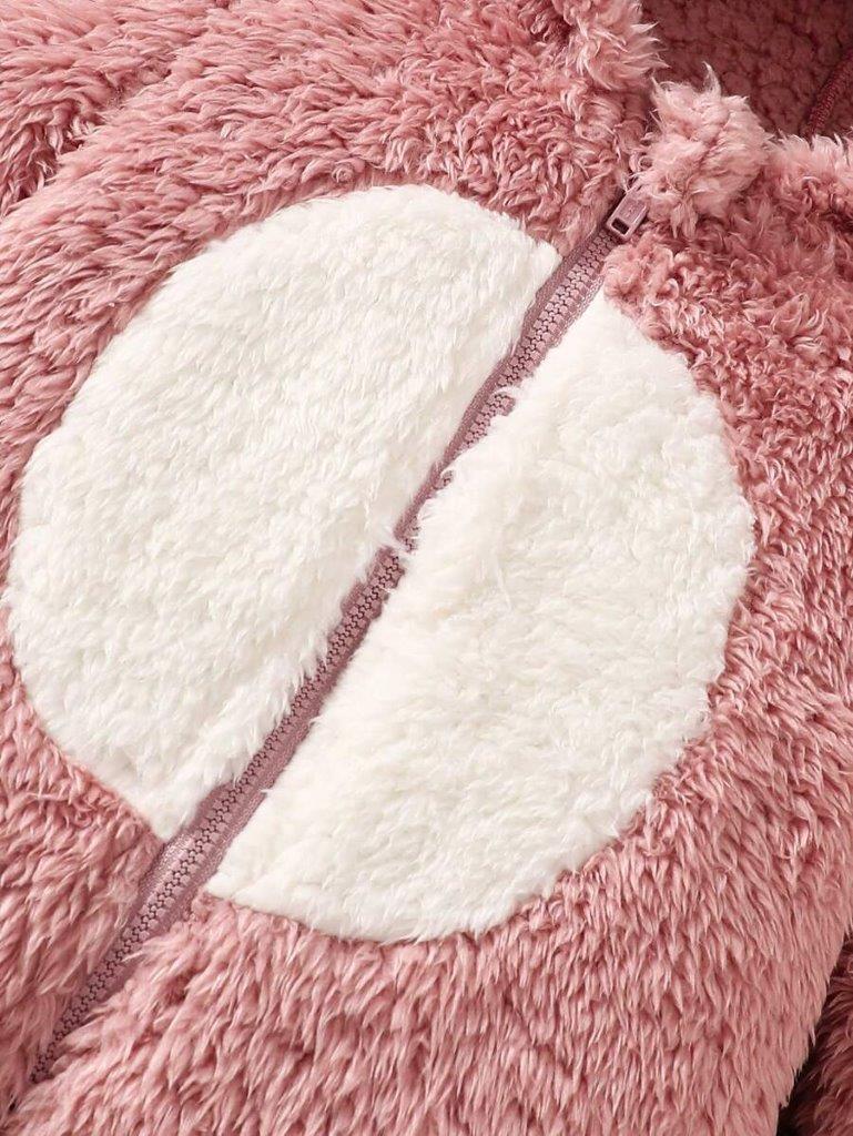 Baby Pink And White Fuzzy 3D Hooded Jumpsuit