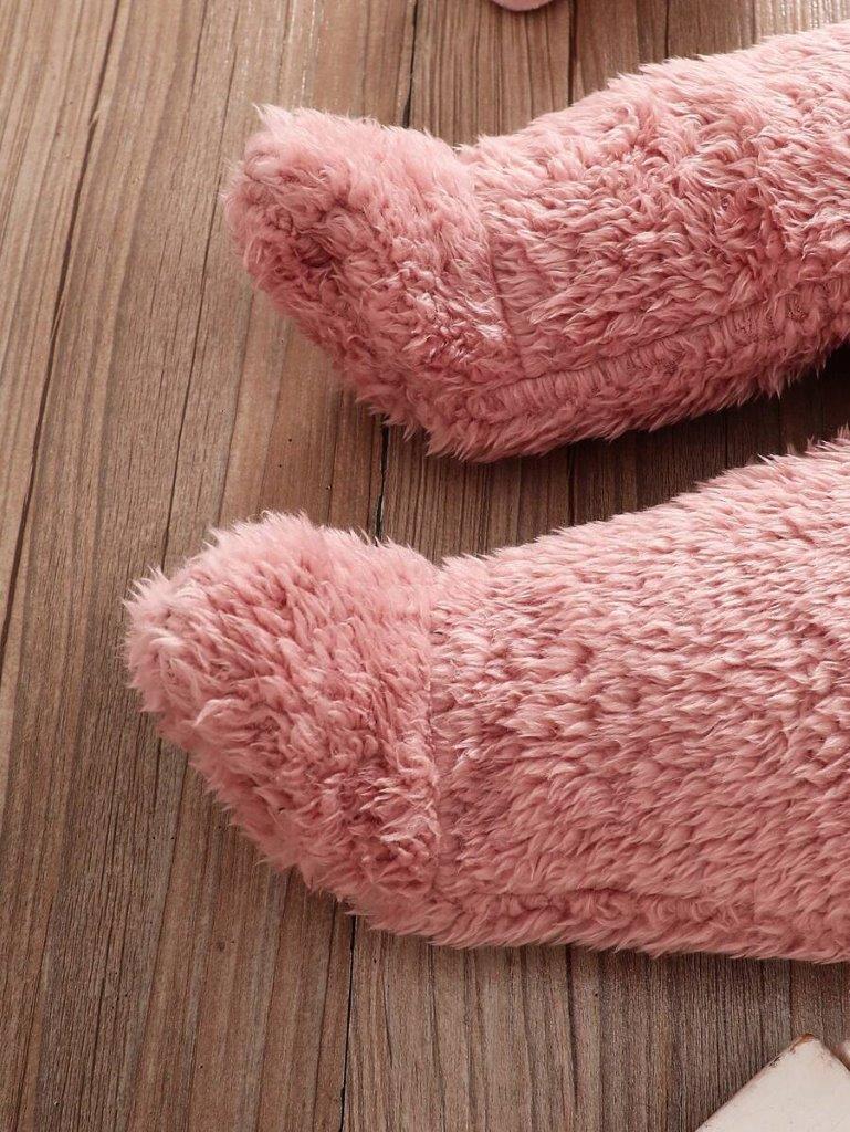 Baby Pink And White Fuzzy 3D Hooded Jumpsuit
