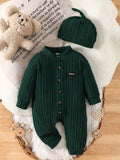 Baby Dark Green Stripe Fleece Jumpsuit With Beanie