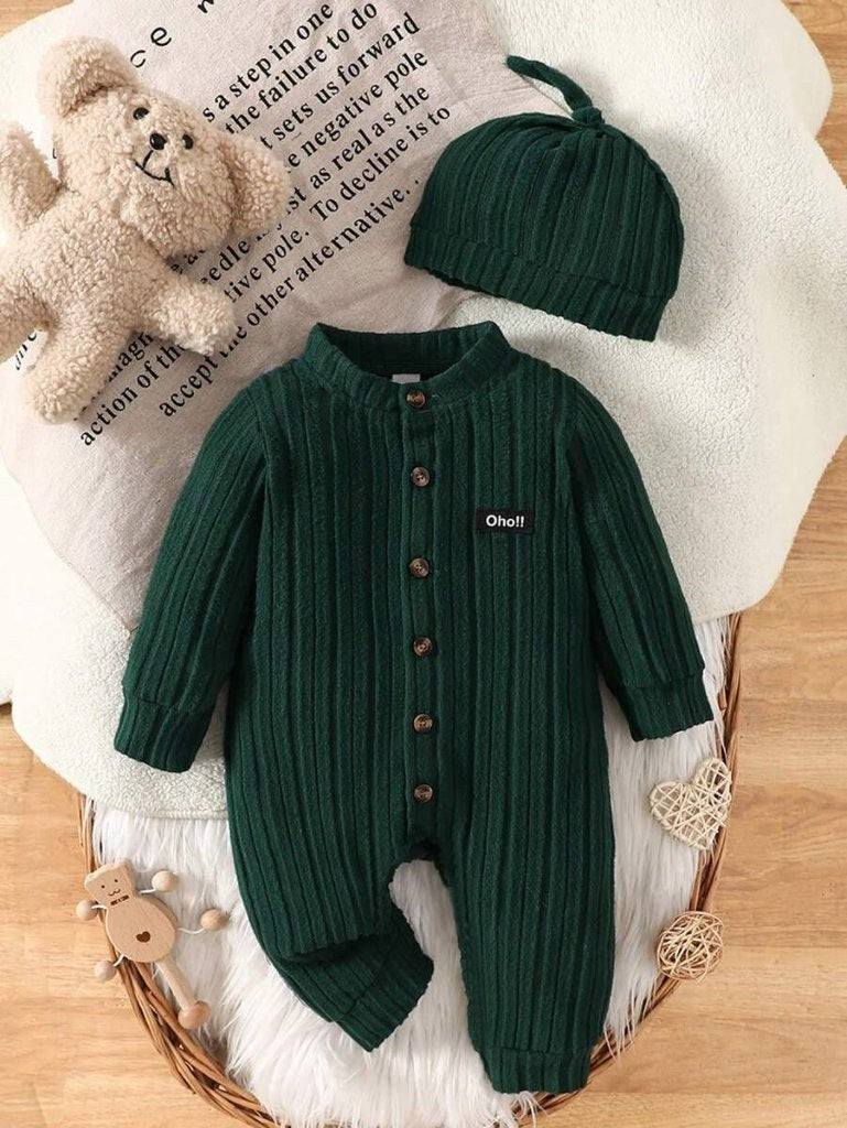 Baby Dark Green Stripe Fleece Jumpsuit With Beanie