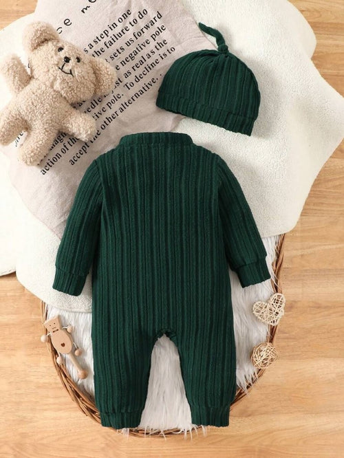 Baby Dark Green Stripe Fleece Jumpsuit With Beanie